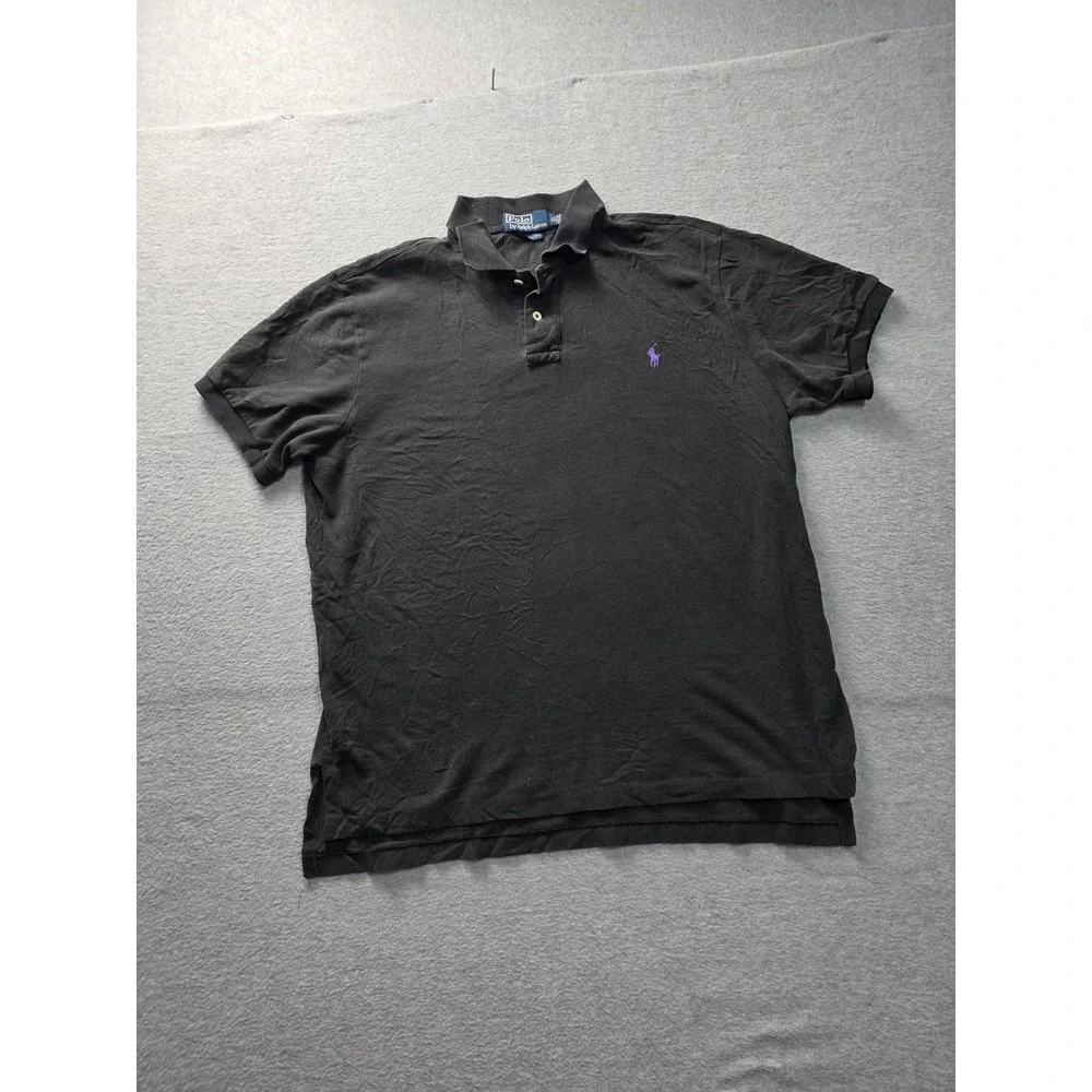 Polo Ralph Lauren Mens XL Custom Fit Black Pique Polo Shirt Purple Pony Logo‎